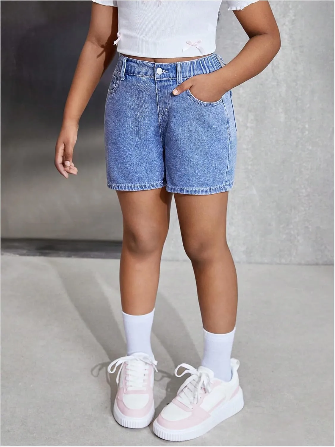 MakeMeChic Girl's Denim Shorts Bow Embroidery Straight Leg Bermuda Jean Shorts with Pockets