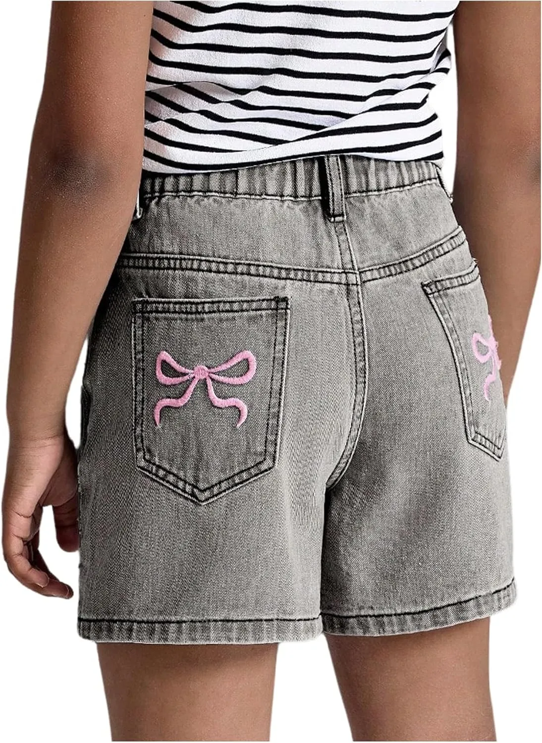 MakeMeChic Girl's Denim Shorts Bow Embroidery Straight Leg Bermuda Jean Shorts with Pockets