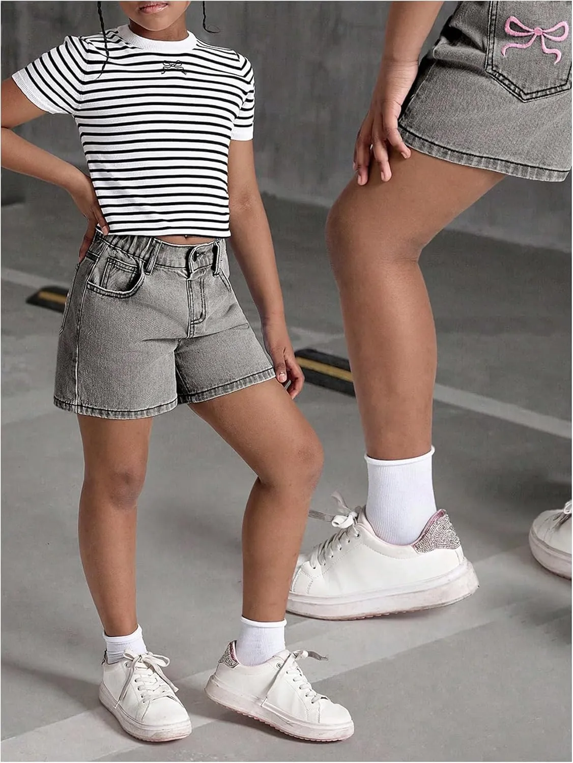 MakeMeChic Girl's Denim Shorts Bow Embroidery Straight Leg Bermuda Jean Shorts with Pockets