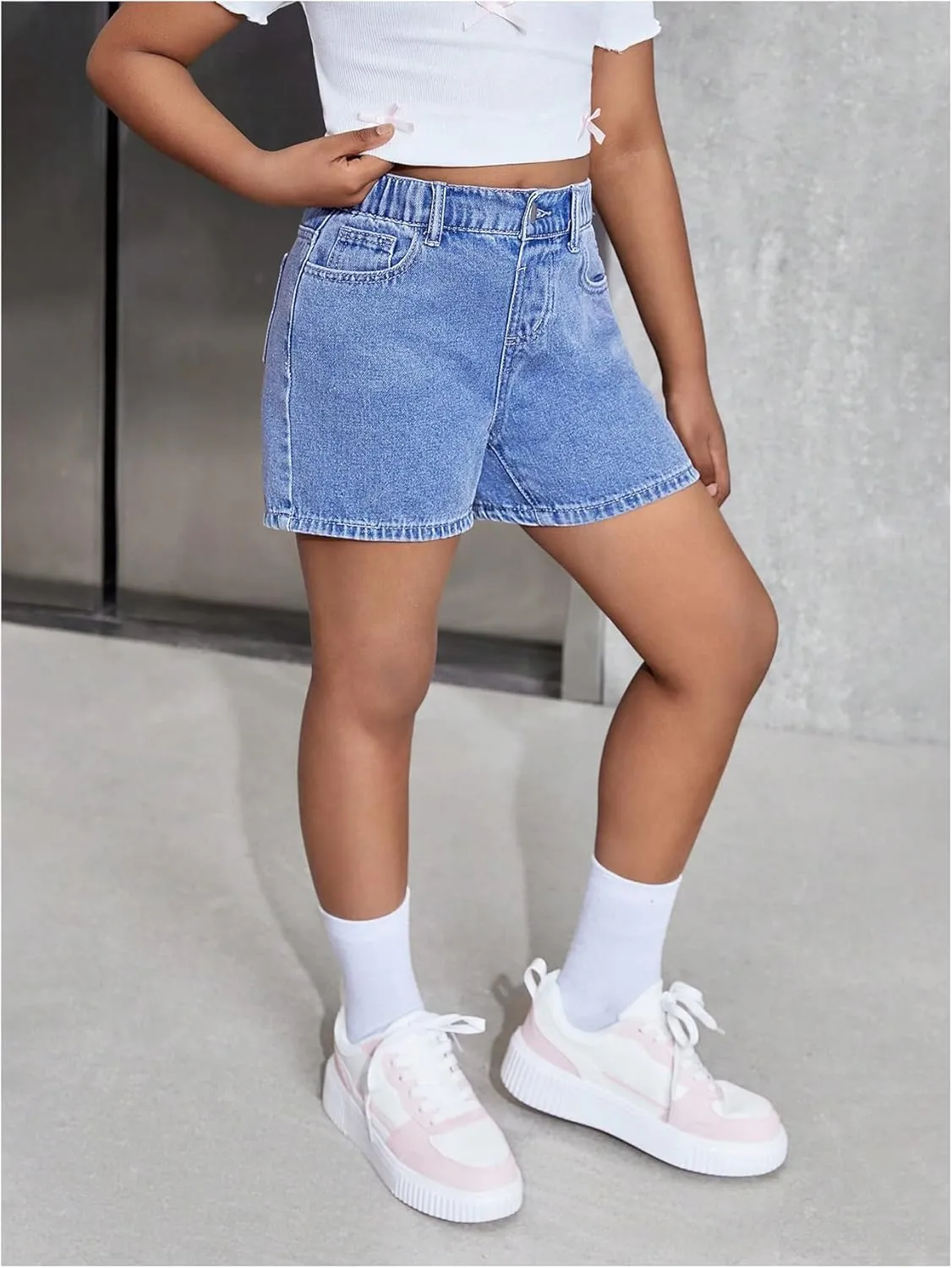 MakeMeChic Girl's Denim Shorts Bow Embroidery Straight Leg Bermuda Jean Shorts with Pockets