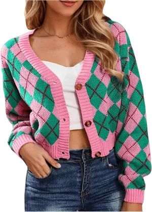 MakeMeChic Women's Argyle Plaid Button Down V Neck Sweater Cardigan Long Sleeve Crop Outerwear