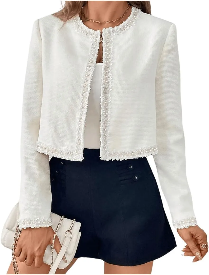 MakeMeChic Women's Beaded Raw Hem Open Front Long Sleeve Jacket Crop Work Office Outerwear
