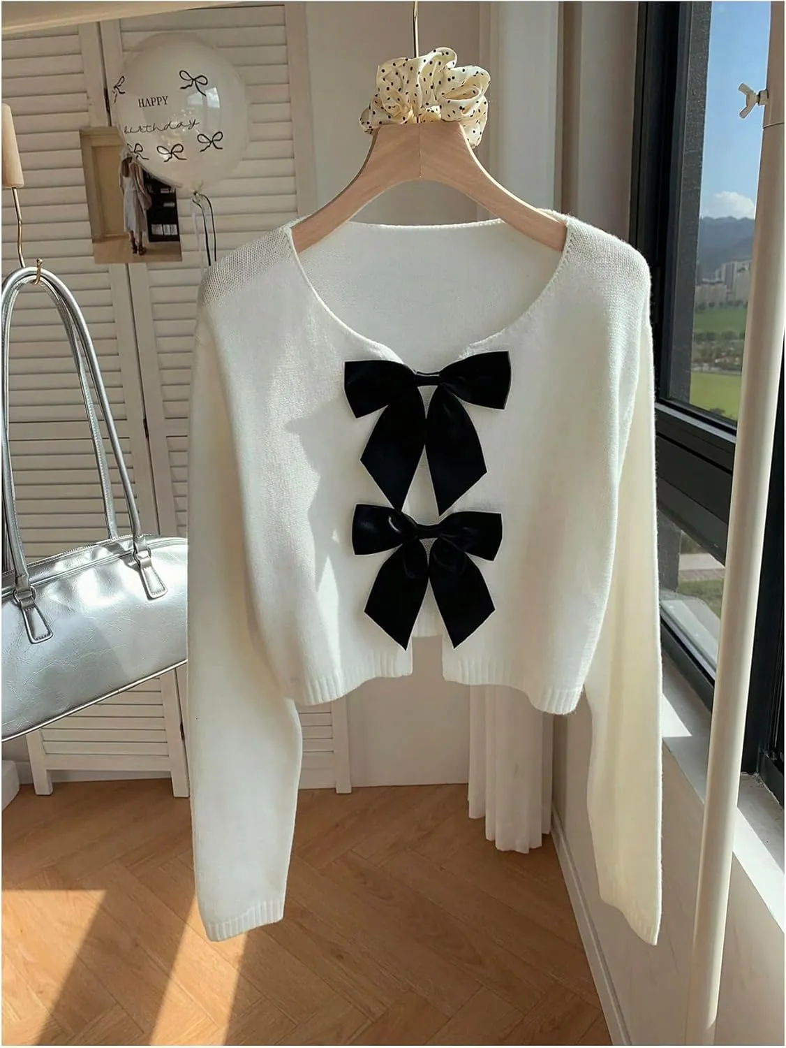 MakeMeChic Women's Bow Front Cardigan Pullover Crew Neck Long Sleeve Crop Sweater Outerwear