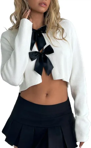 MakeMeChic Women's Bow Front Cardigan Pullover Crew Neck Long Sleeve Crop Sweater Outerwear