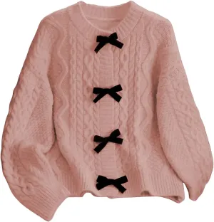 MakeMeChic Women's Bow Knot Sweater Cardigan Cable Knit Long Sleeve Crew Neck Knitted Cardigan Outerwear