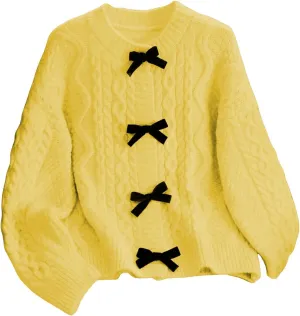 MakeMeChic Women's Bow Knot Sweater Cardigan Cable Knit Long Sleeve Crew Neck Knitted Cardigan Outerwear