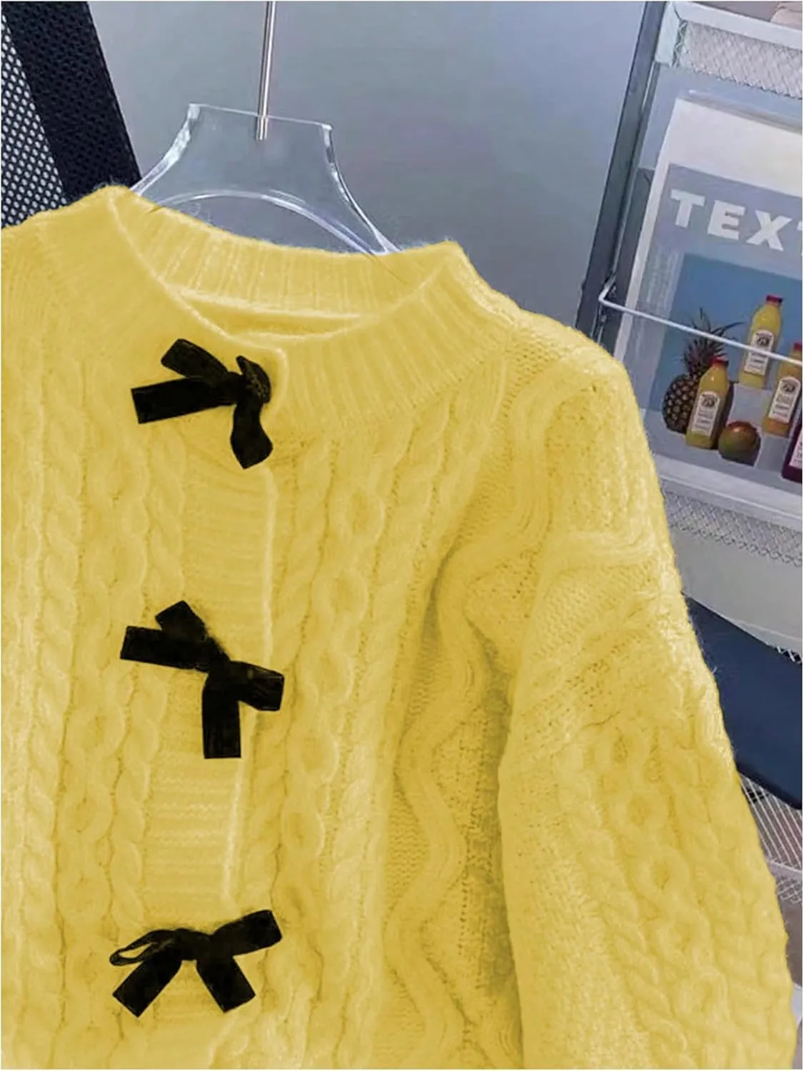 MakeMeChic Women's Bow Knot Sweater Cardigan Cable Knit Long Sleeve Crew Neck Knitted Cardigan Outerwear