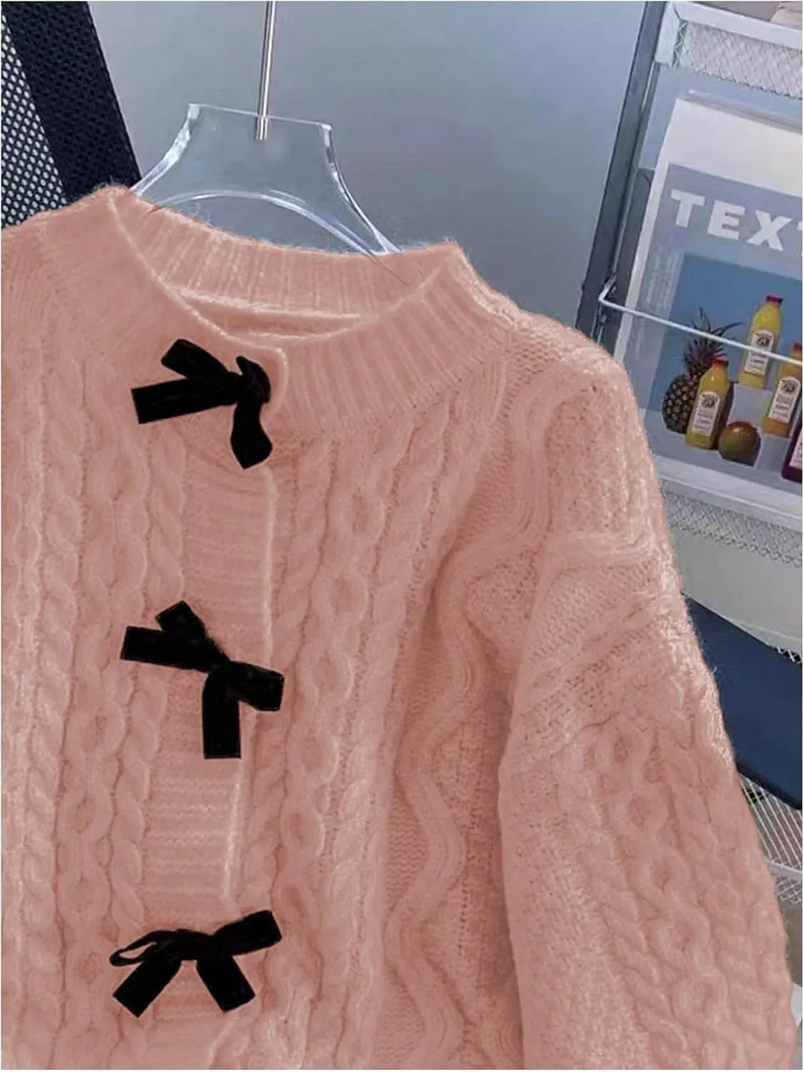 MakeMeChic Women's Bow Knot Sweater Cardigan Cable Knit Long Sleeve Crew Neck Knitted Cardigan Outerwear