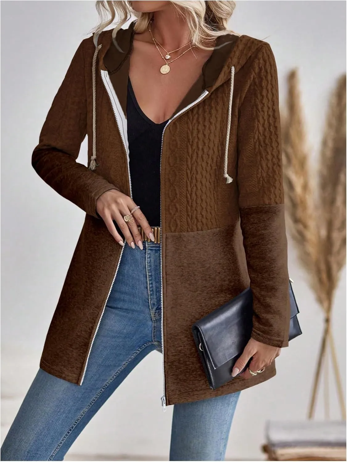 MakeMeChic Women's Cable Knitted Zip Up Jackets Long Sleeve Drawstring Hoodies Top Outerwear Coats