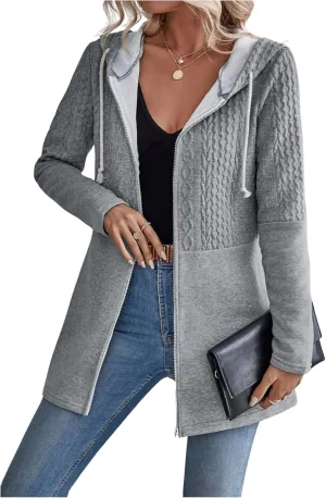 MakeMeChic Women's Cable Knitted Zip Up Jackets Long Sleeve Drawstring Hoodies Top Outerwear Coats