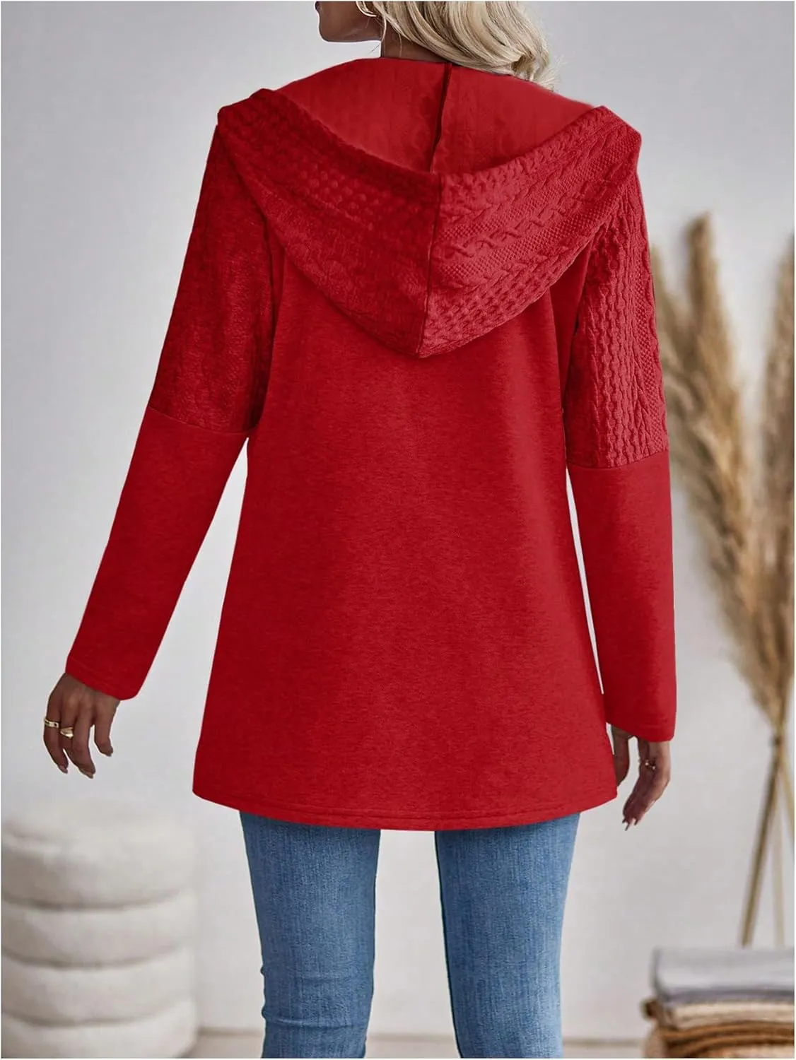 MakeMeChic Women's Cable Knitted Zip Up Jackets Long Sleeve Drawstring Hoodies Top Outerwear Coats