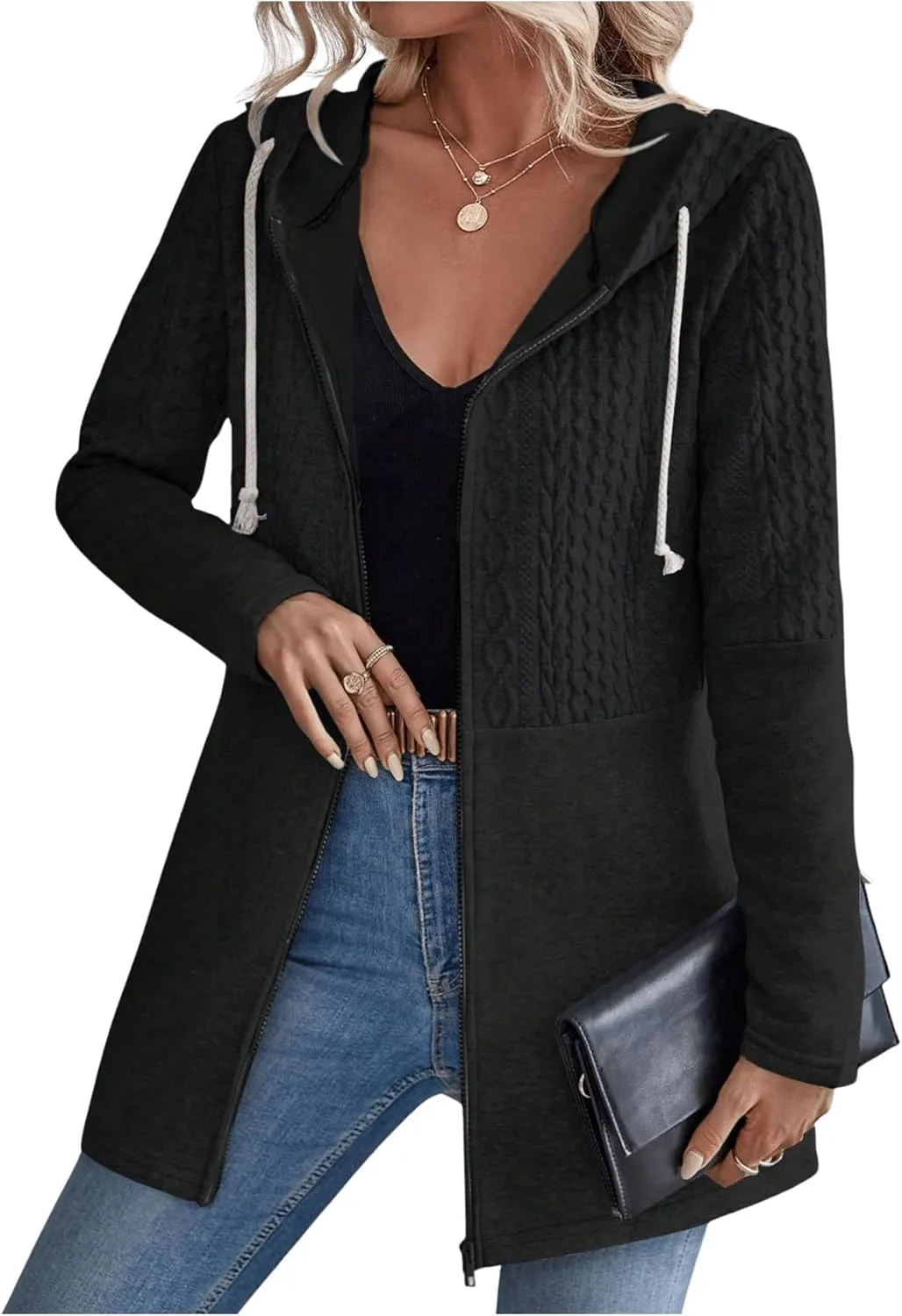 MakeMeChic Women's Cable Knitted Zip Up Jackets Long Sleeve Drawstring Hoodies Top Outerwear Coats