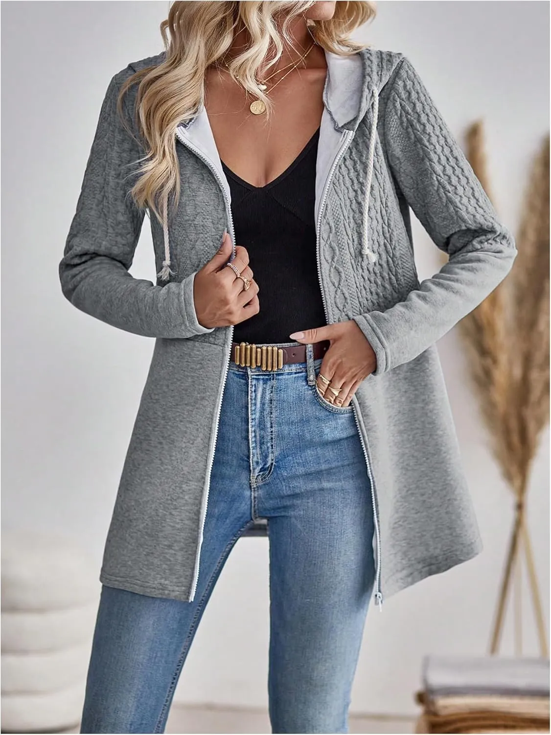 MakeMeChic Women's Cable Knitted Zip Up Jackets Long Sleeve Drawstring Hoodies Top Outerwear Coats