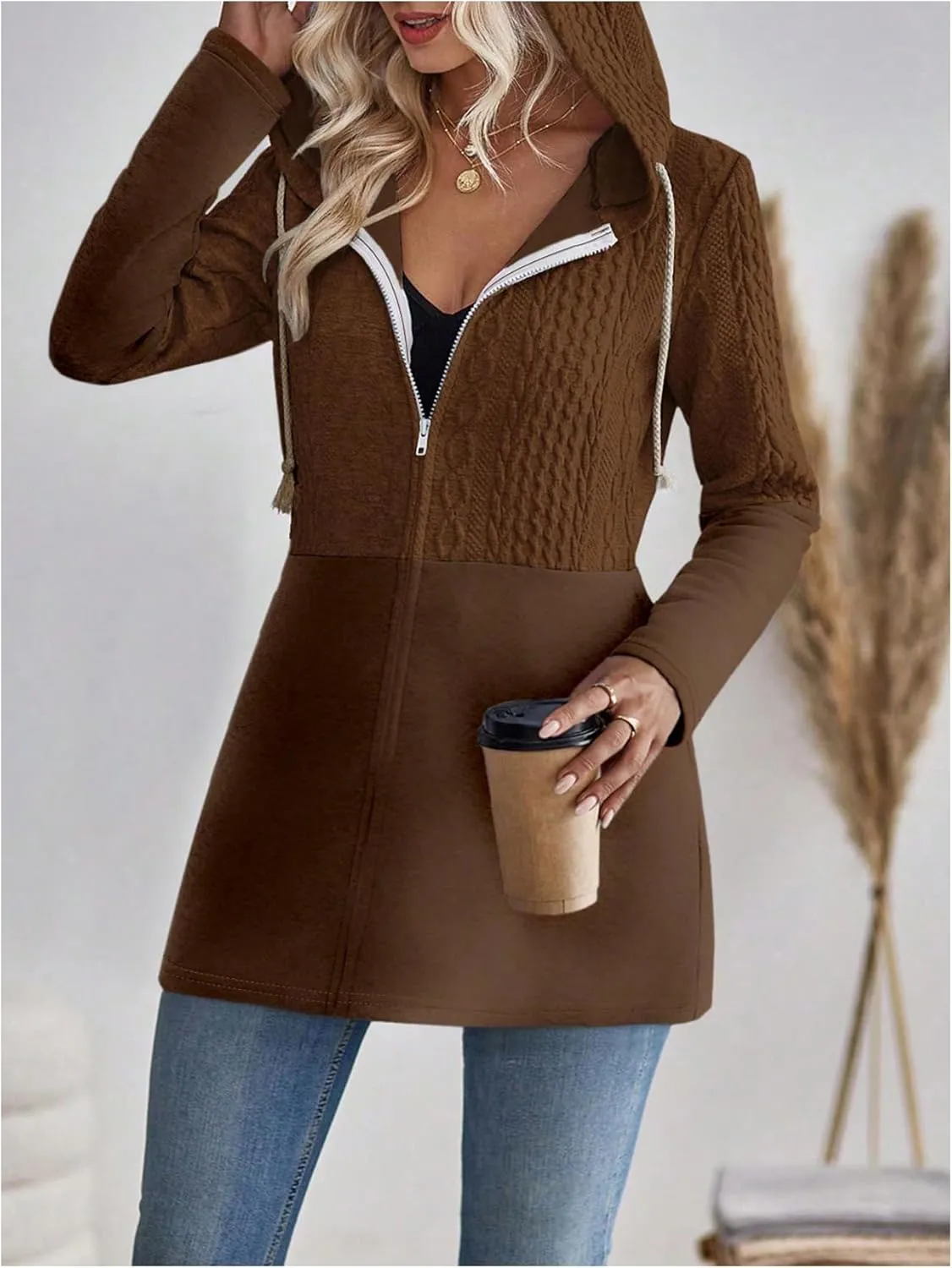 MakeMeChic Women's Cable Knitted Zip Up Jackets Long Sleeve Drawstring Hoodies Top Outerwear Coats