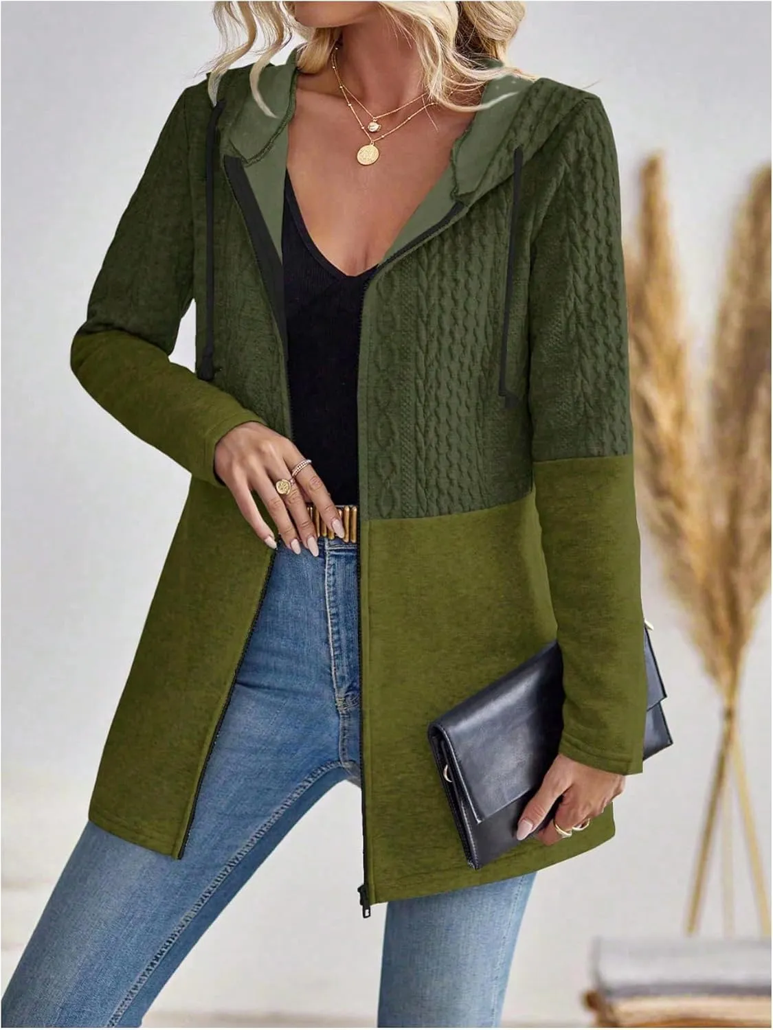 MakeMeChic Women's Cable Knitted Zip Up Jackets Long Sleeve Drawstring Hoodies Top Outerwear Coats