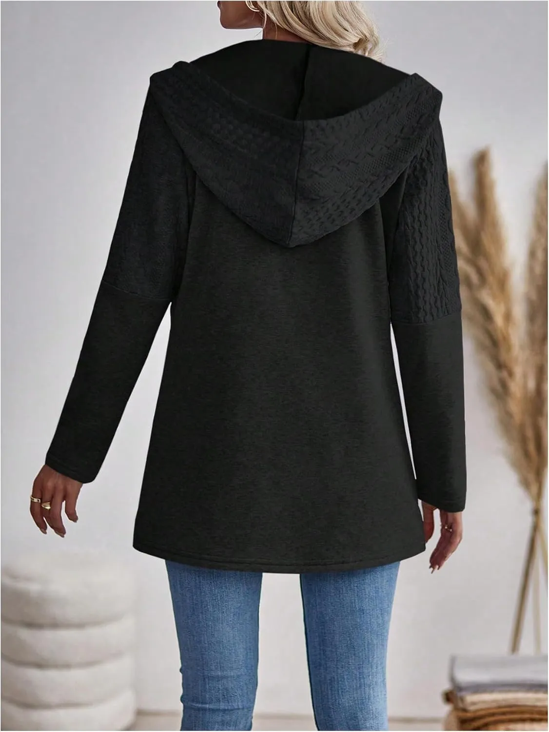 MakeMeChic Women's Cable Knitted Zip Up Jackets Long Sleeve Drawstring Hoodies Top Outerwear Coats