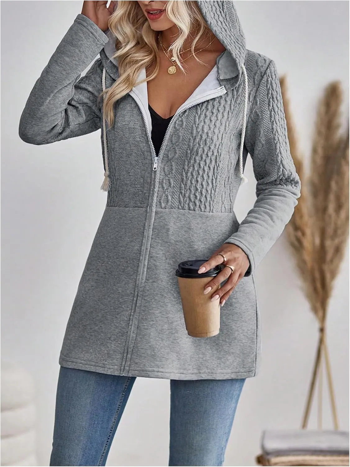 MakeMeChic Women's Cable Knitted Zip Up Jackets Long Sleeve Drawstring Hoodies Top Outerwear Coats