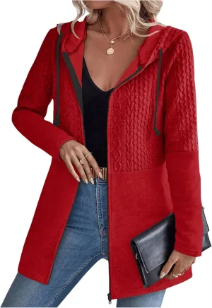 MakeMeChic Women's Cable Knitted Zip Up Jackets Long Sleeve Drawstring Hoodies Top Outerwear Coats