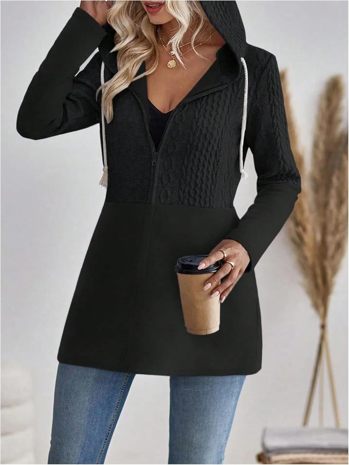 MakeMeChic Women's Cable Knitted Zip Up Jackets Long Sleeve Drawstring Hoodies Top Outerwear Coats