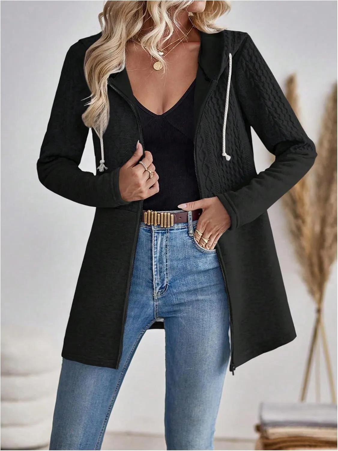 MakeMeChic Women's Cable Knitted Zip Up Jackets Long Sleeve Drawstring Hoodies Top Outerwear Coats