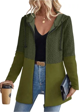 MakeMeChic Women's Cable Knitted Zip Up Jackets Long Sleeve Drawstring Hoodies Top Outerwear Coats