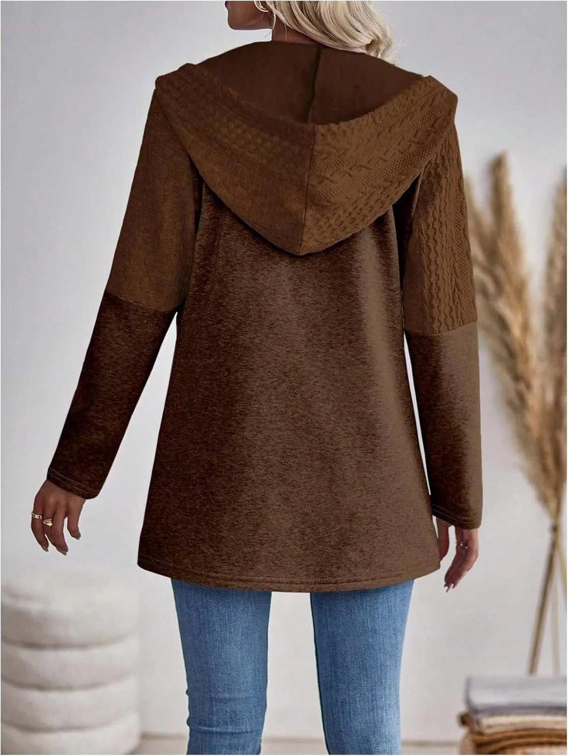 MakeMeChic Women's Cable Knitted Zip Up Jackets Long Sleeve Drawstring Hoodies Top Outerwear Coats