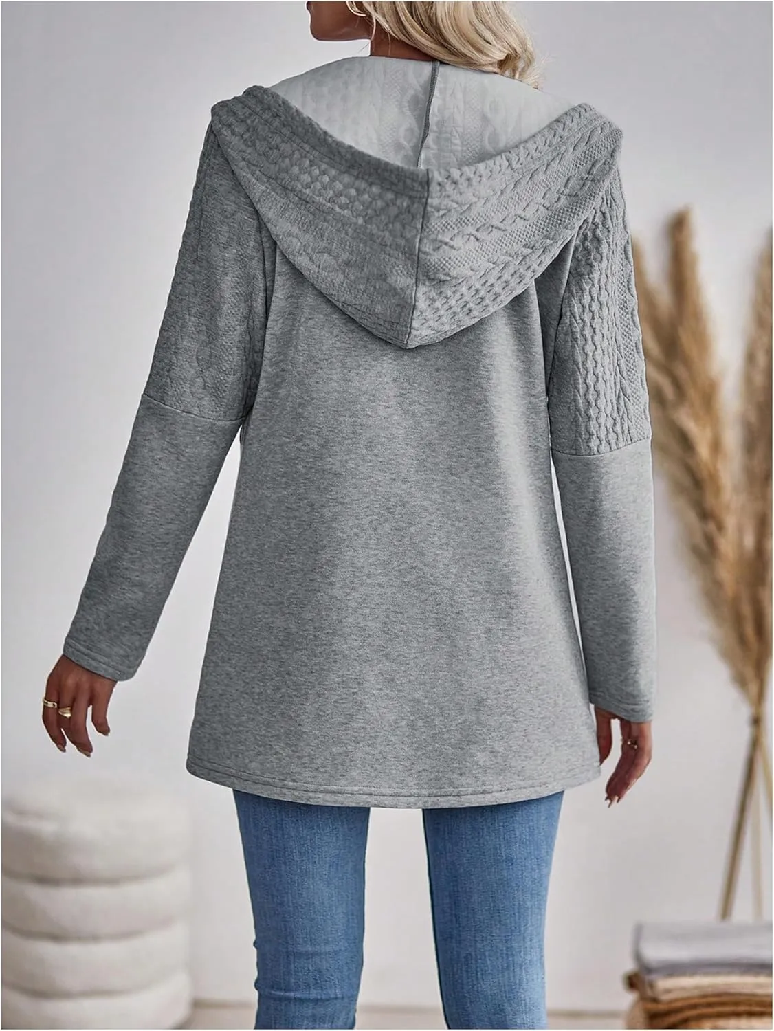 MakeMeChic Women's Cable Knitted Zip Up Jackets Long Sleeve Drawstring Hoodies Top Outerwear Coats