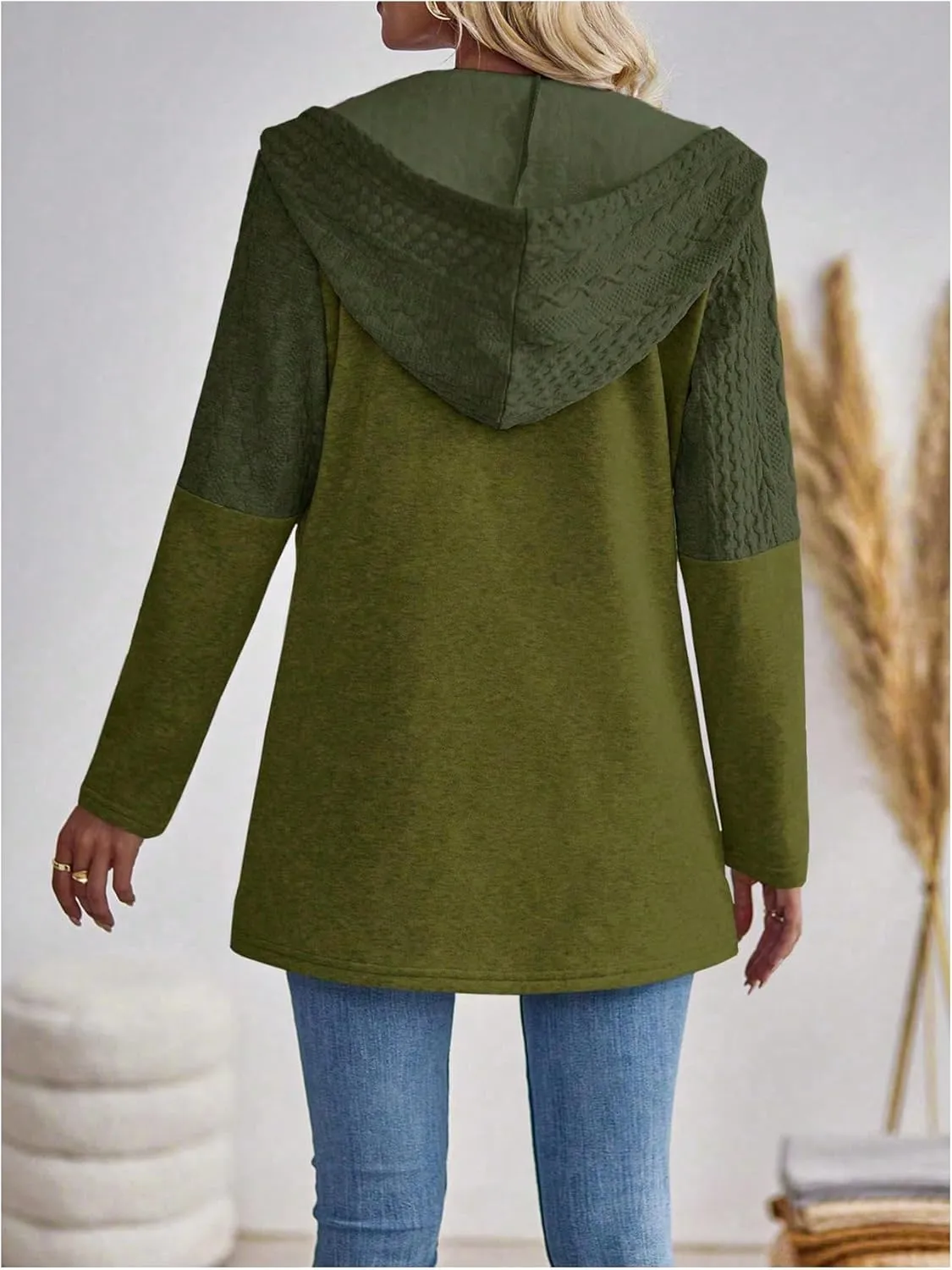 MakeMeChic Women's Cable Knitted Zip Up Jackets Long Sleeve Drawstring Hoodies Top Outerwear Coats