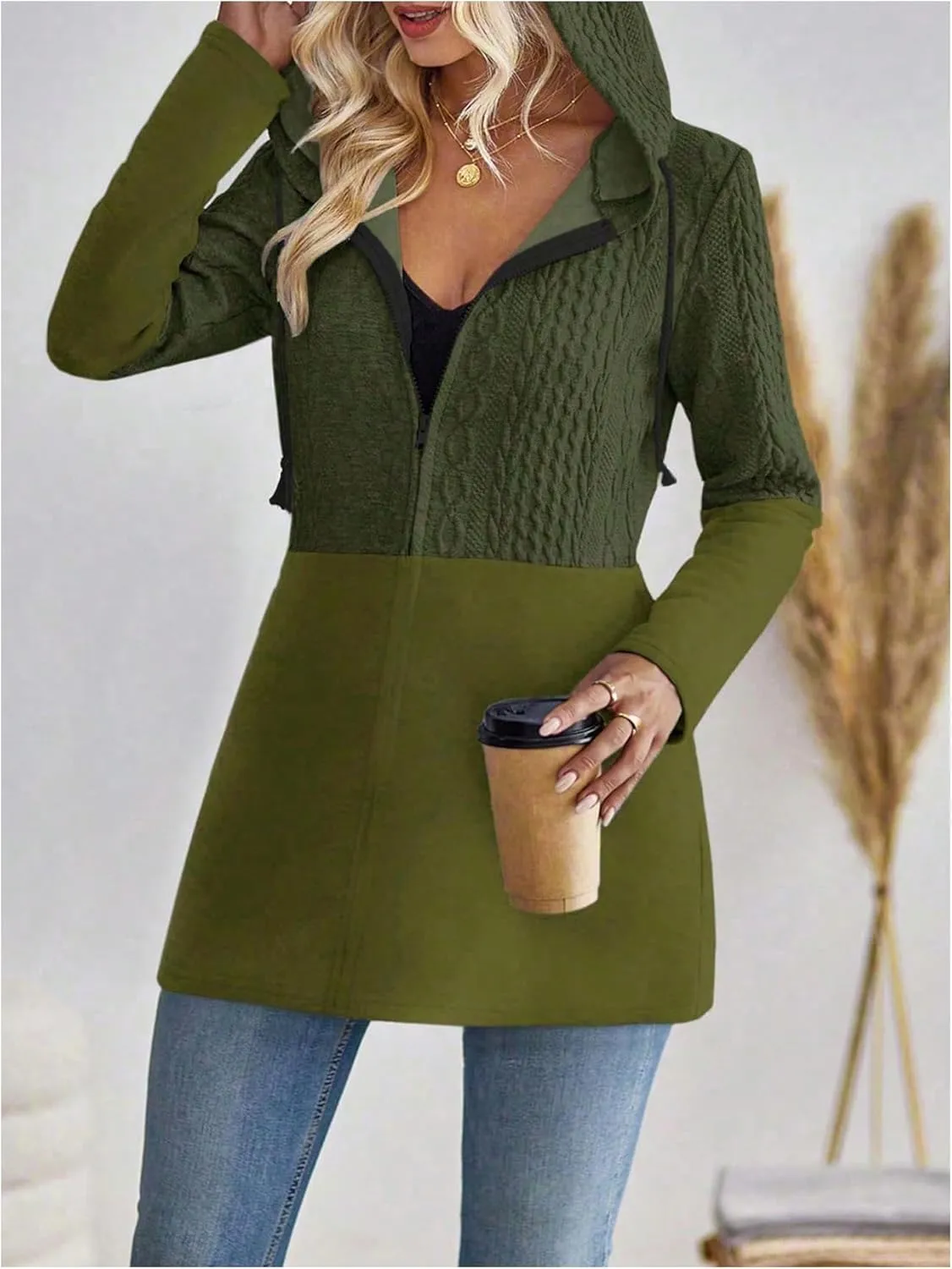 MakeMeChic Women's Cable Knitted Zip Up Jackets Long Sleeve Drawstring Hoodies Top Outerwear Coats
