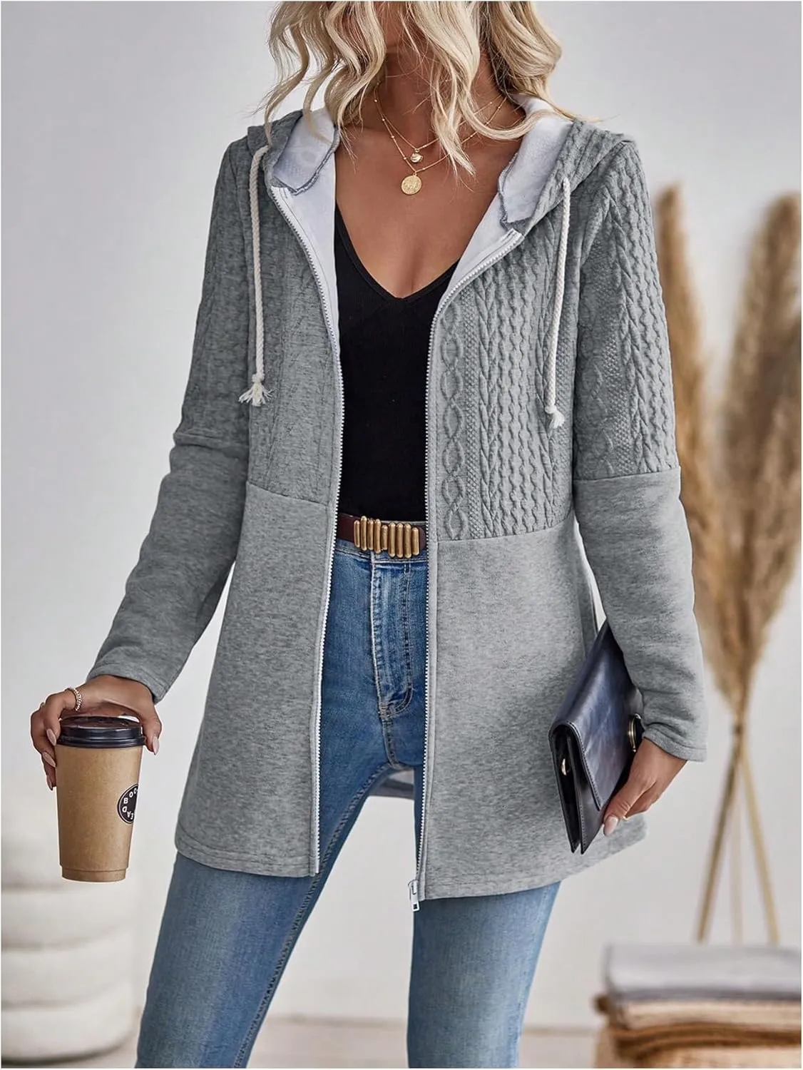 MakeMeChic Women's Cable Knitted Zip Up Jackets Long Sleeve Drawstring Hoodies Top Outerwear Coats