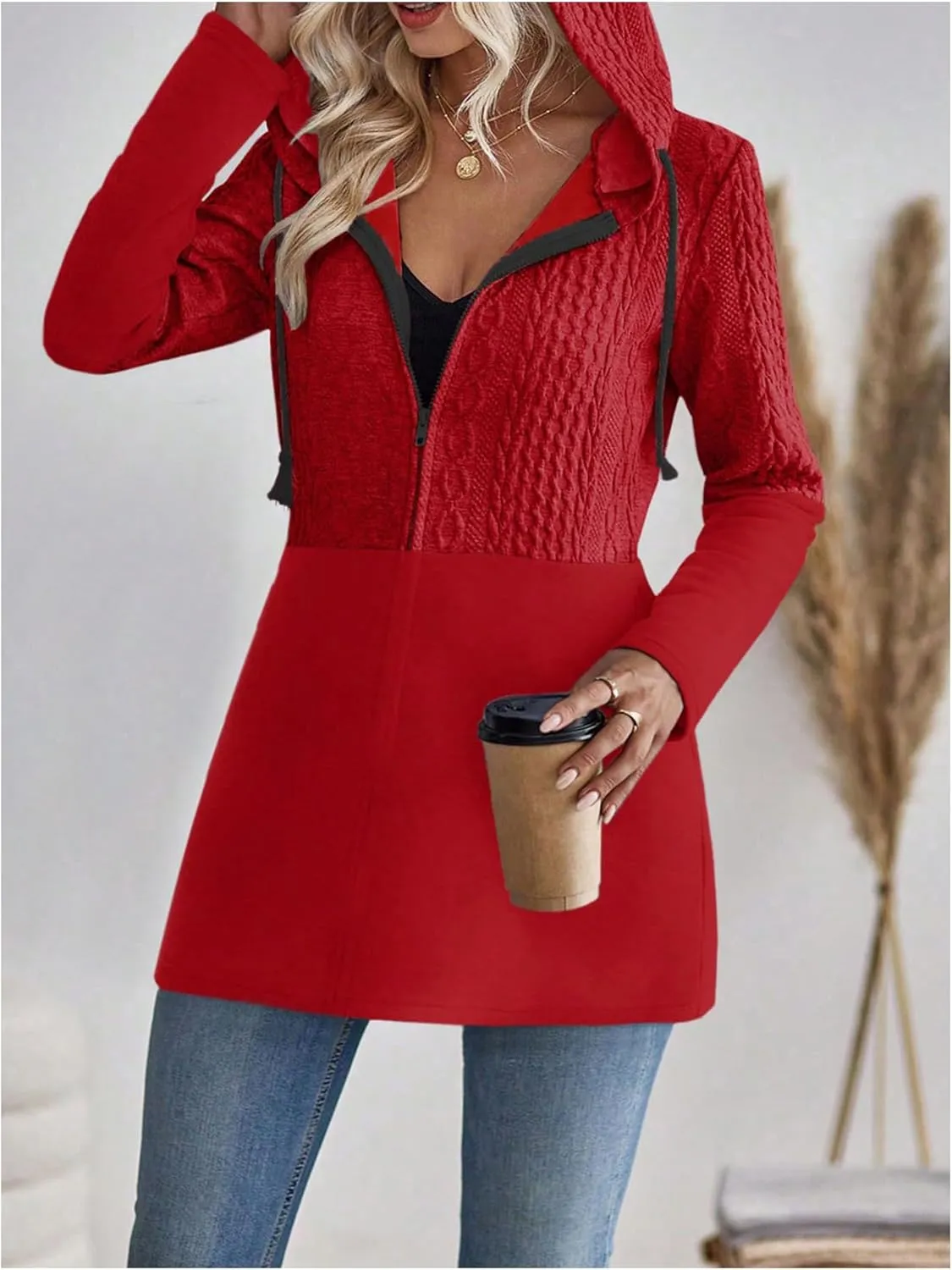 MakeMeChic Women's Cable Knitted Zip Up Jackets Long Sleeve Drawstring Hoodies Top Outerwear Coats