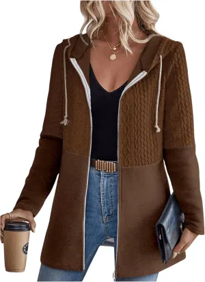 MakeMeChic Women's Cable Knitted Zip Up Jackets Long Sleeve Drawstring Hoodies Top Outerwear Coats