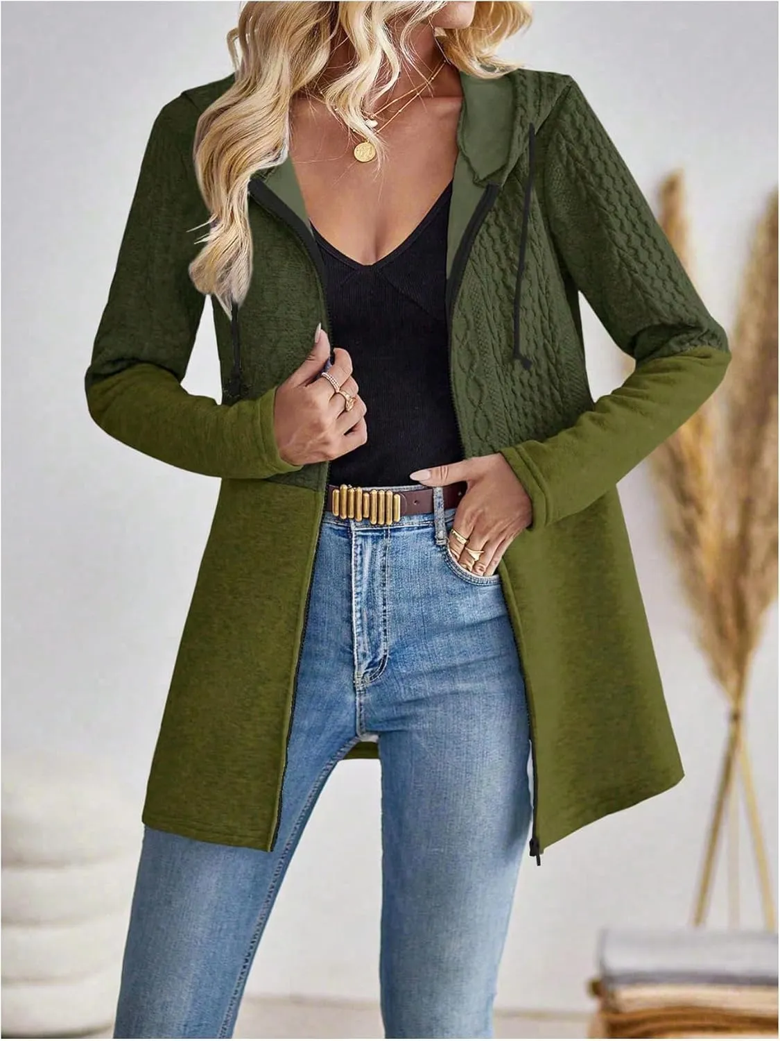MakeMeChic Women's Cable Knitted Zip Up Jackets Long Sleeve Drawstring Hoodies Top Outerwear Coats