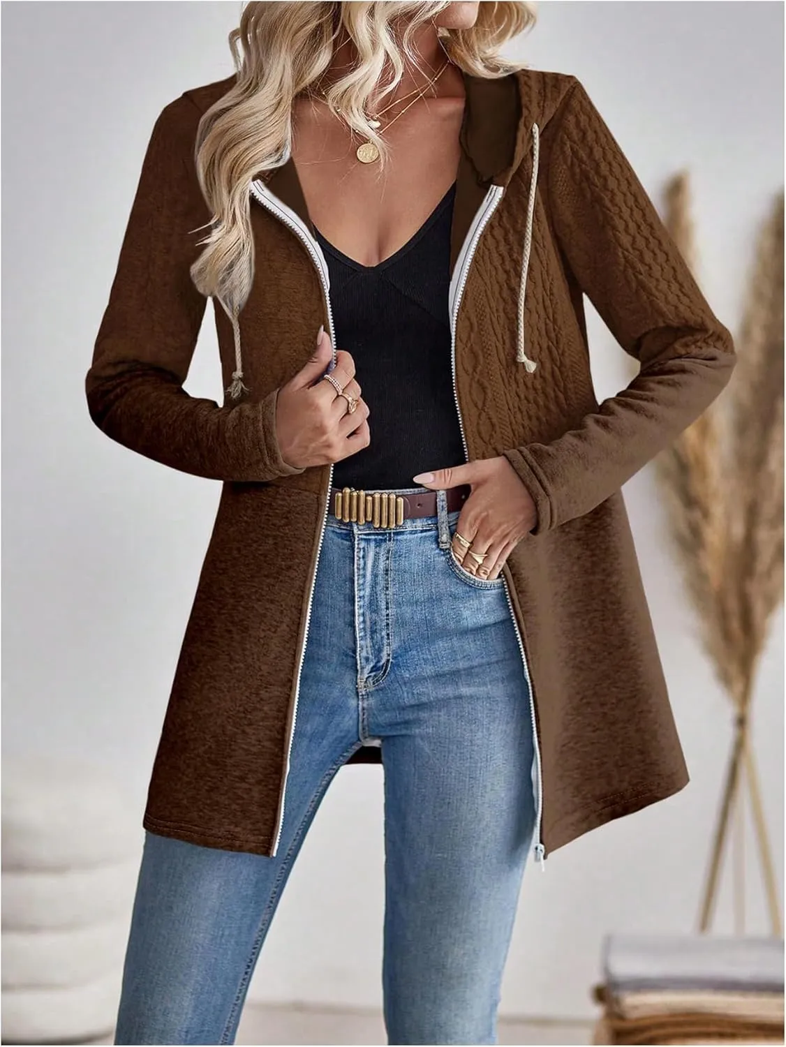 MakeMeChic Women's Cable Knitted Zip Up Jackets Long Sleeve Drawstring Hoodies Top Outerwear Coats