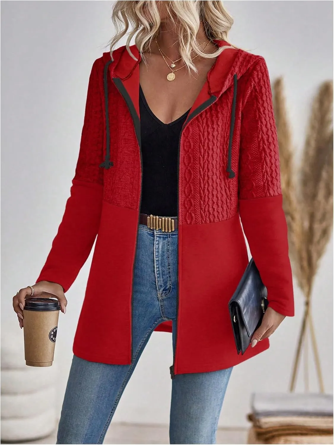 MakeMeChic Women's Cable Knitted Zip Up Jackets Long Sleeve Drawstring Hoodies Top Outerwear Coats