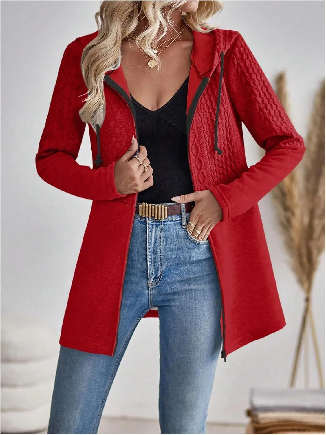 MakeMeChic Women's Cable Knitted Zip Up Jackets Long Sleeve Drawstring Hoodies Top Outerwear Coats