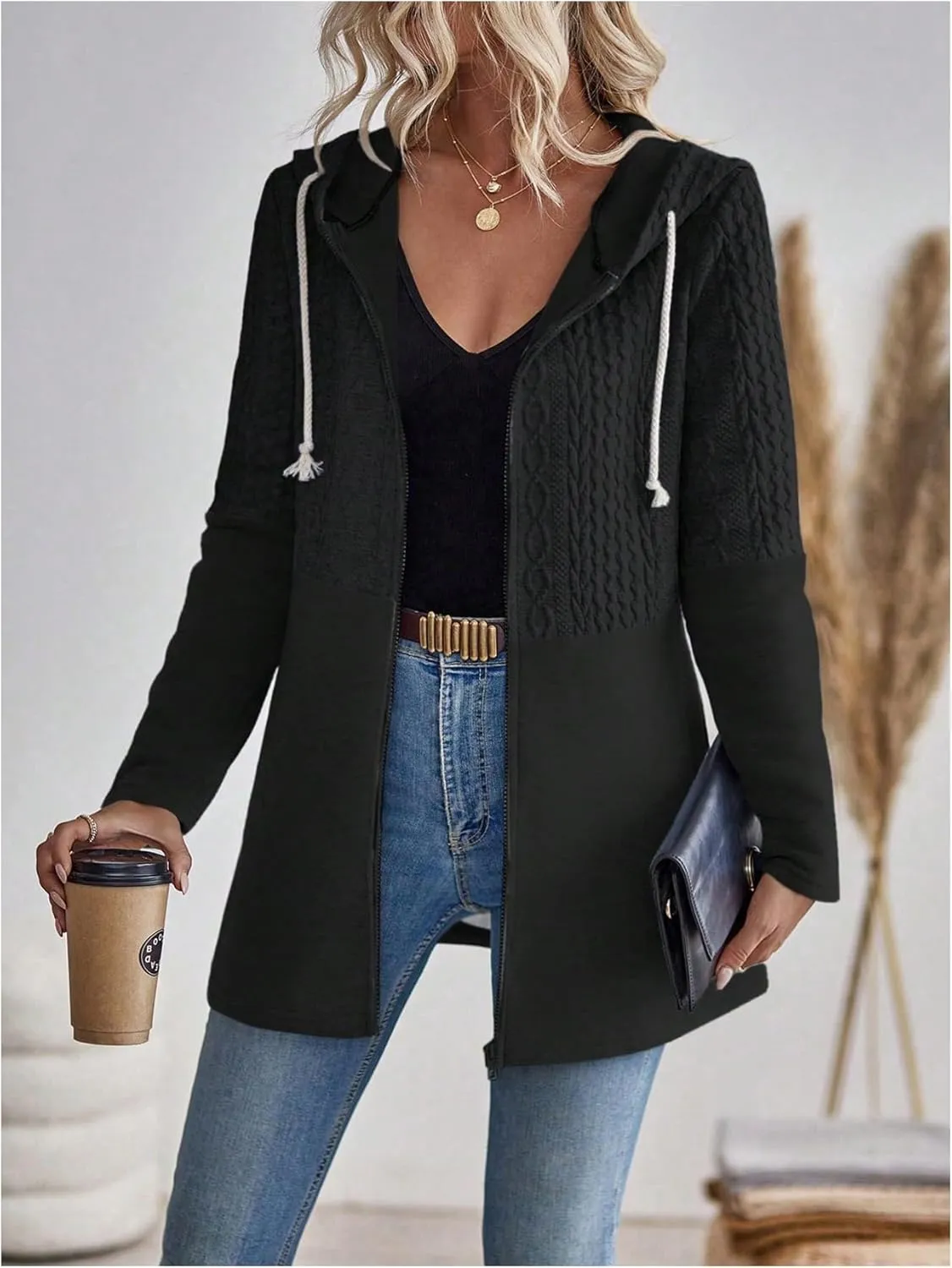 MakeMeChic Women's Cable Knitted Zip Up Jackets Long Sleeve Drawstring Hoodies Top Outerwear Coats
