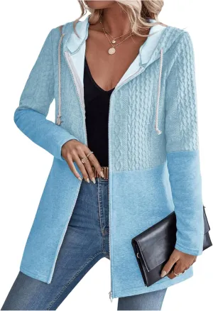 MakeMeChic Women's Cable Knitted Zip Up Jackets Long Sleeve Drawstring Hoodies Top Outerwear Coats