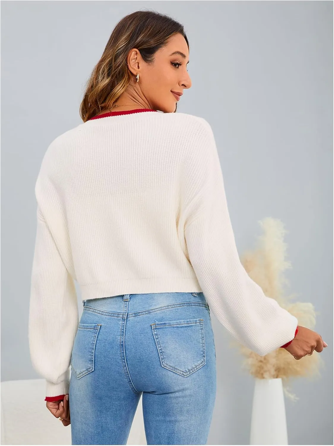MakeMeChic Women's Cherry Embroidery V Neck Cute Cardigan Long Sleeve Button Down Knit Crop Outerwear