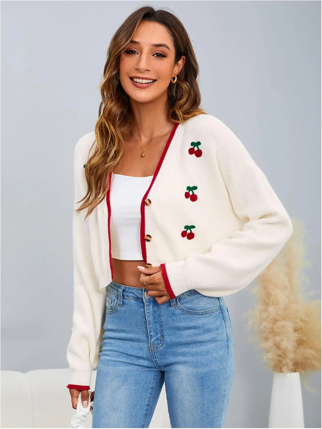MakeMeChic Women's Cherry Embroidery V Neck Cute Cardigan Long Sleeve Button Down Knit Crop Outerwear