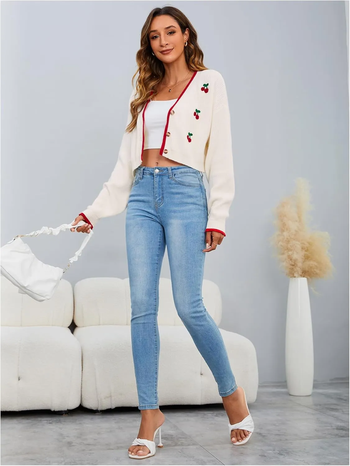 MakeMeChic Women's Cherry Embroidery V Neck Cute Cardigan Long Sleeve Button Down Knit Crop Outerwear