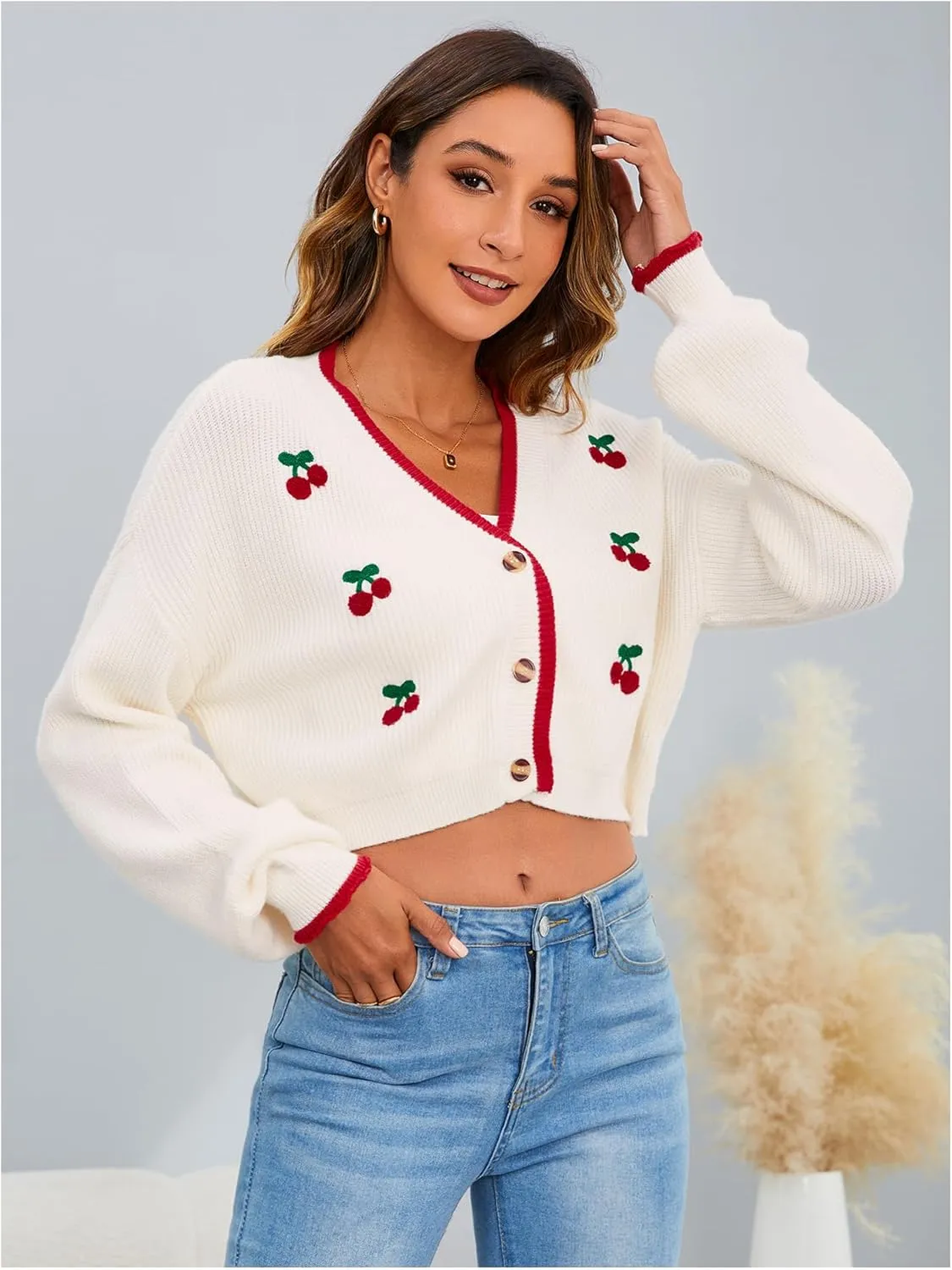 MakeMeChic Women's Cherry Embroidery V Neck Cute Cardigan Long Sleeve Button Down Knit Crop Outerwear