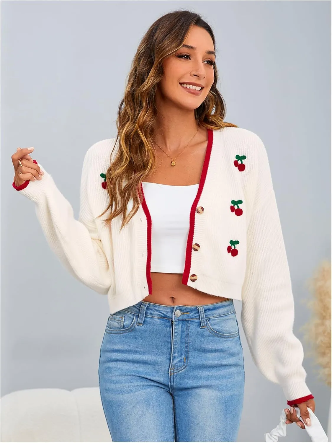 MakeMeChic Women's Cherry Embroidery V Neck Cute Cardigan Long Sleeve Button Down Knit Crop Outerwear