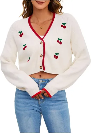 MakeMeChic Women's Cherry Embroidery V Neck Cute Cardigan Long Sleeve Button Down Knit Crop Outerwear