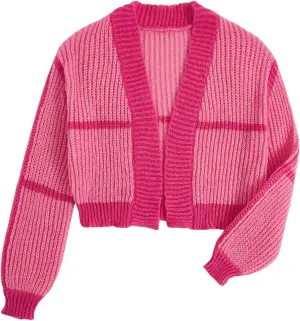 MakeMeChic Women's Color Block Cardigan Long Sleeve Open Front Drop Shoulder Casual Knitted Outerwear