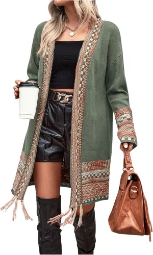 MakeMeChic Women's Duster Cardigan Fringe Trim Long Sleeve Open Front Geo Pattern Knitted Outerwear