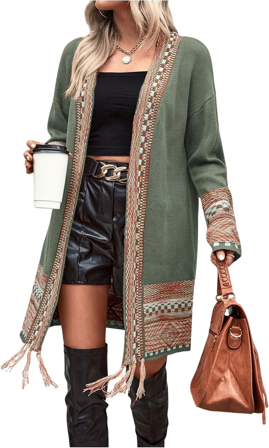 MakeMeChic Women's Duster Cardigan Fringe Trim Long Sleeve Open Front Geo Pattern Knitted Outerwear