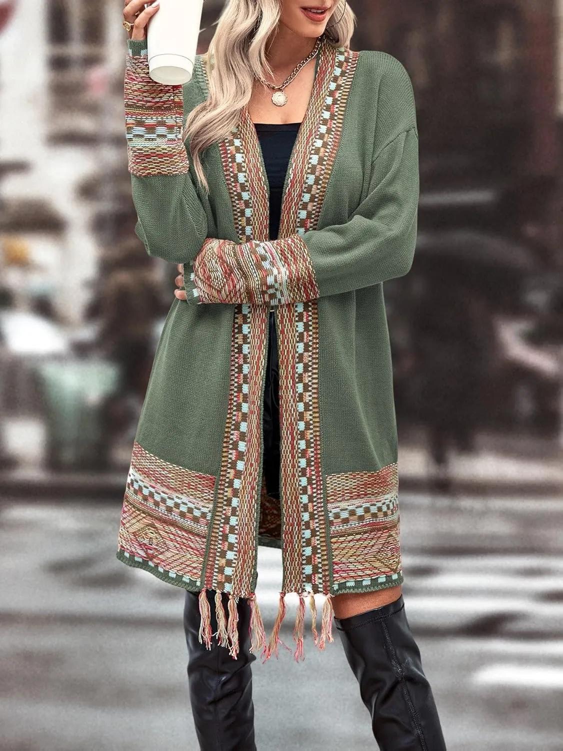 MakeMeChic Women's Duster Cardigan Fringe Trim Long Sleeve Open Front Geo Pattern Knitted Outerwear