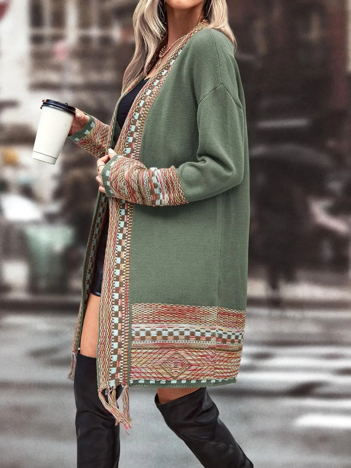 MakeMeChic Women's Duster Cardigan Fringe Trim Long Sleeve Open Front Geo Pattern Knitted Outerwear