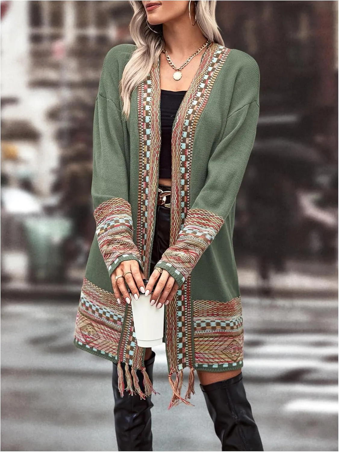 MakeMeChic Women's Duster Cardigan Fringe Trim Long Sleeve Open Front Geo Pattern Knitted Outerwear